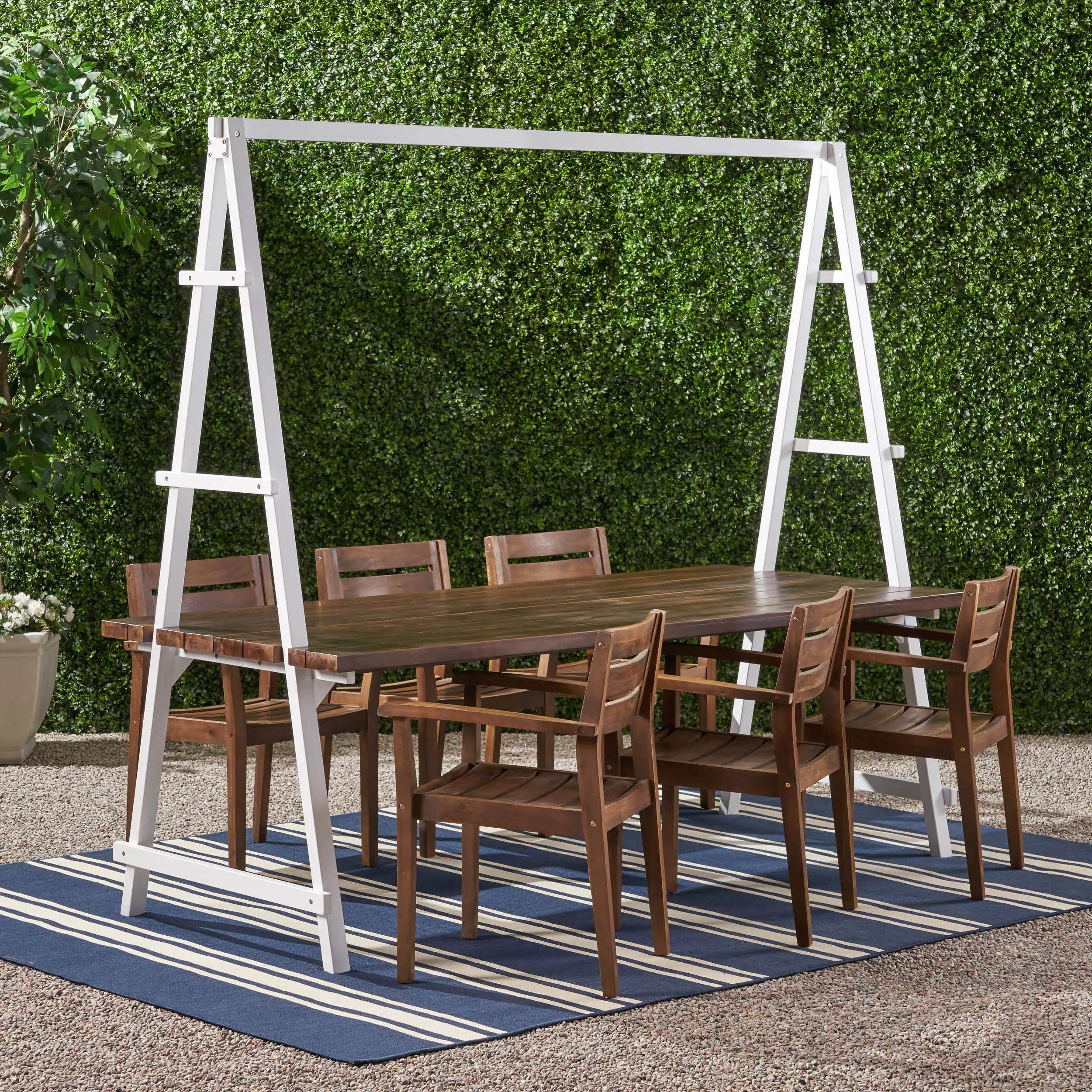 Outdoor Modern 6 Seater Acacia Wood and Iron Planter Dining Set - NH937903 patio chairs, outdoor seating