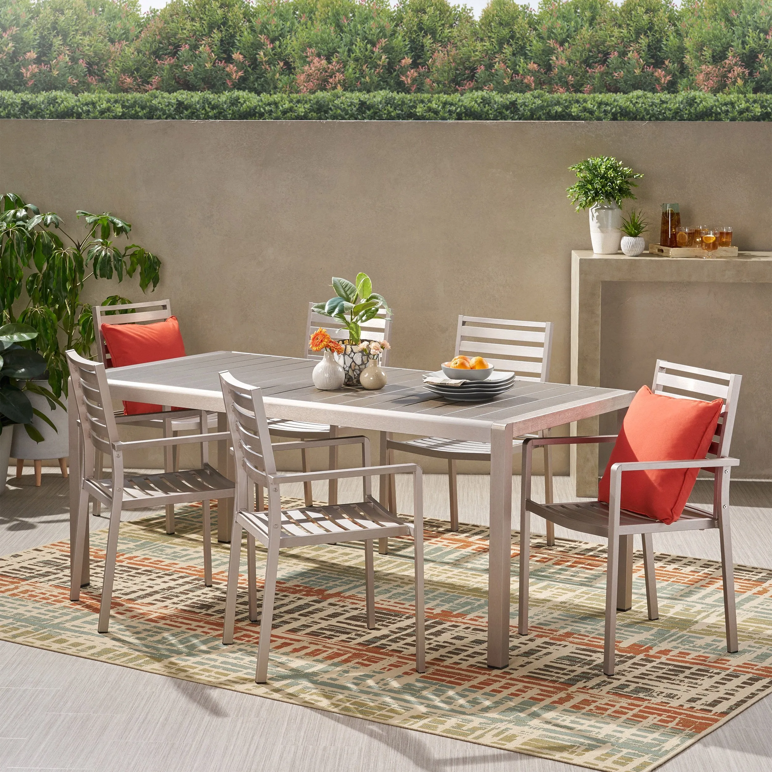 Outdoor Modern 6 Seater Aluminum Dining Set with Faux Wood Table Top - NH468013 patio chairs, outdoor seating