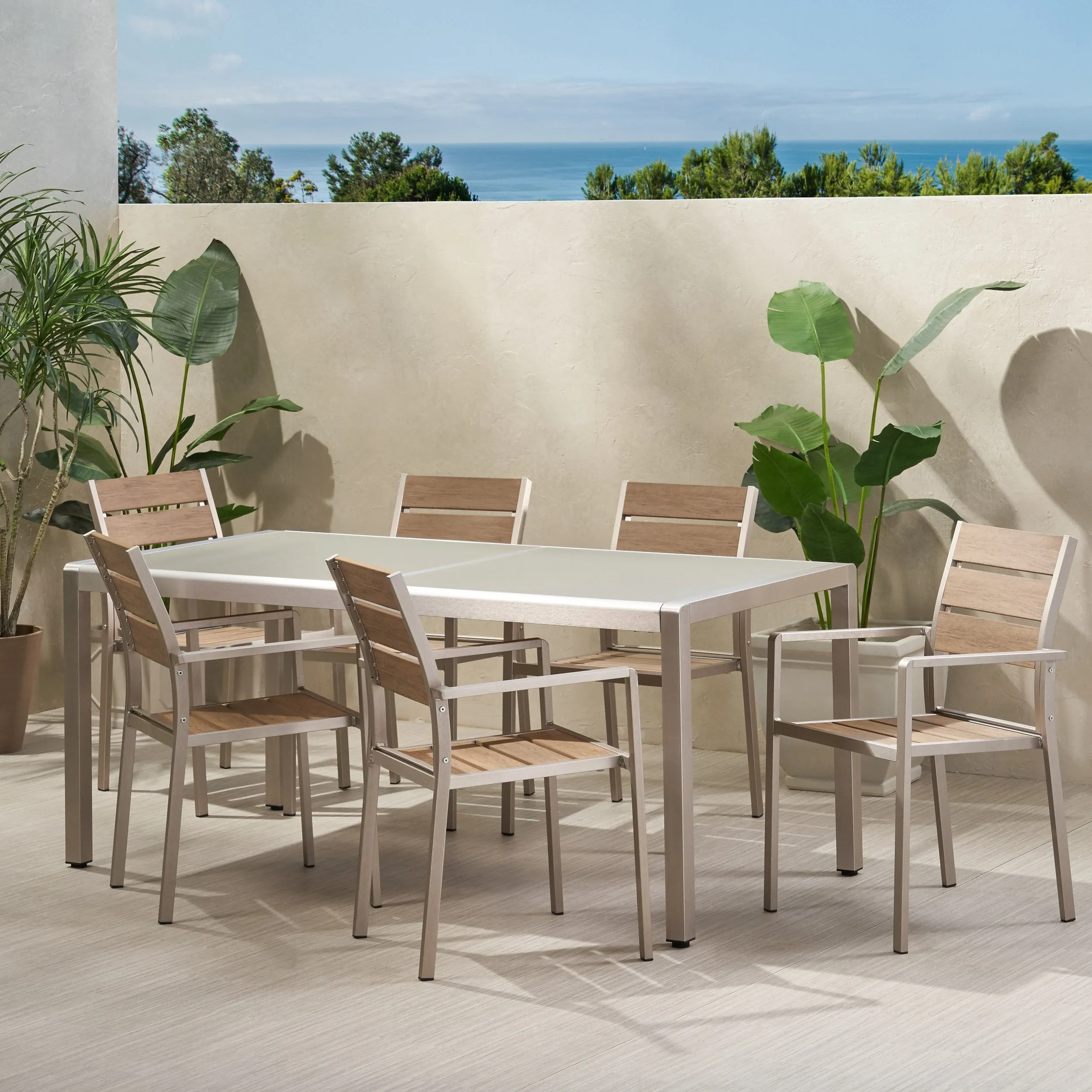 Outdoor Modern 6 Seater Aluminum Dining Set with Tempered Glass Table Top - NH758013 patio chairs, outdoor seating
