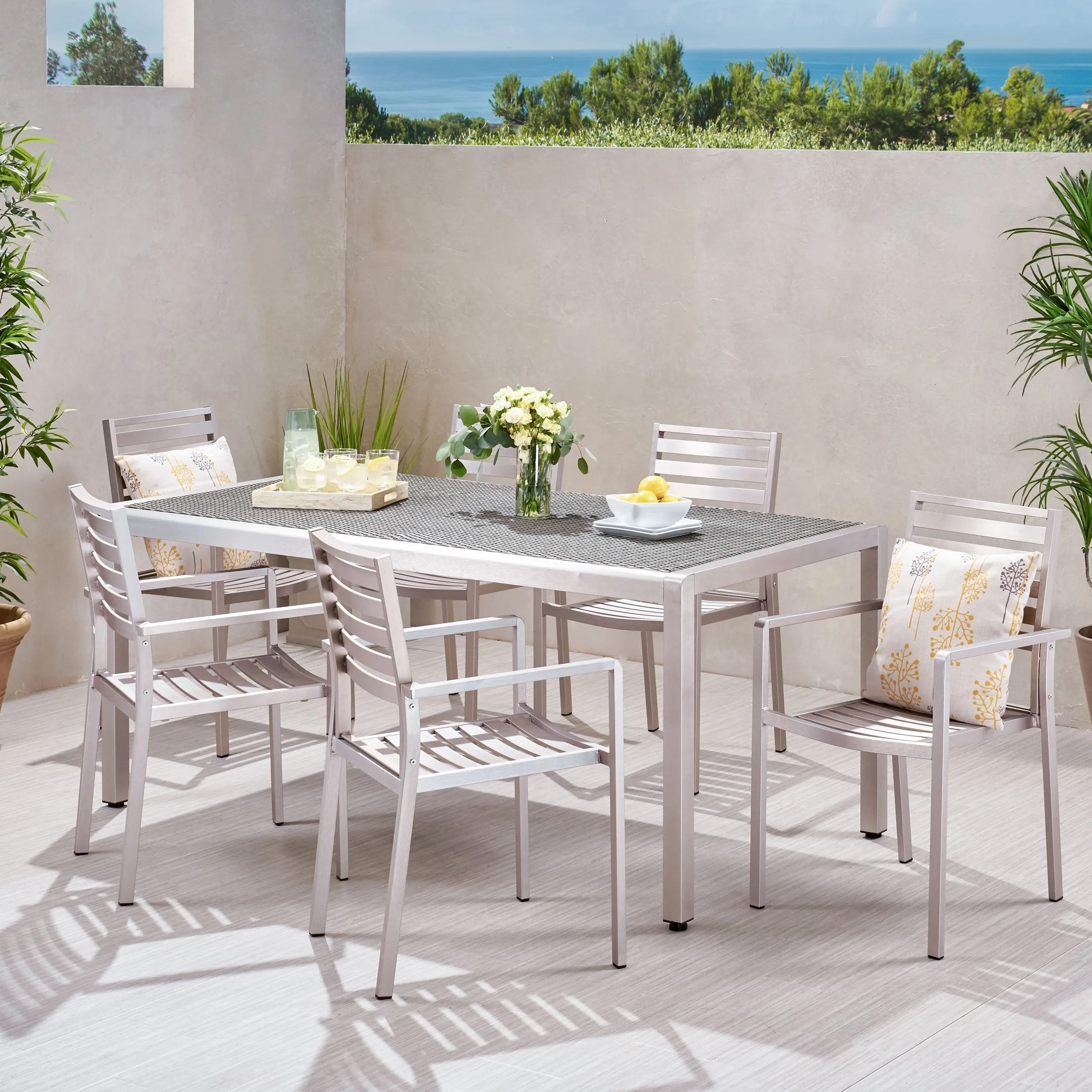 Outdoor Modern 6 Seater Aluminum Dining Set with Wicker Table Top - NH368013 patio chairs, outdoor seating