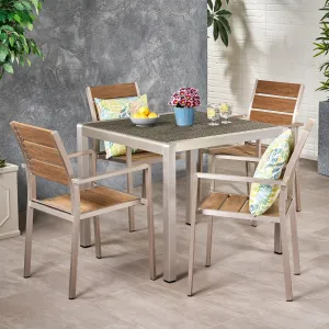 Outdoor Modern Aluminum 4 Seater Dining Set with Faux Wood Seats and Wicker Table Top - NH269013 patio chairs, outdoor seating