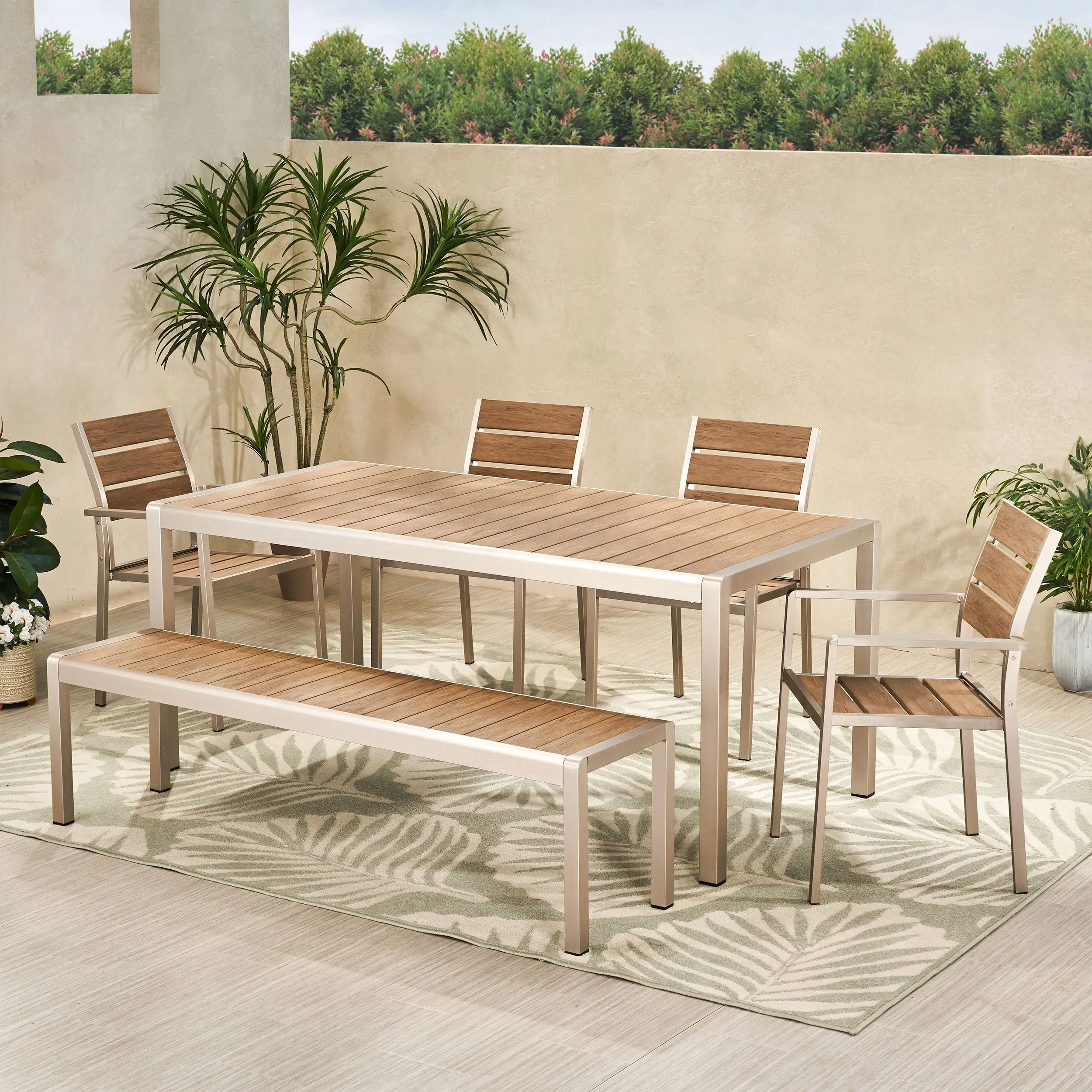 Outdoor Modern Aluminum 6 Seater Dining Set with Dining Bench - NH559013 patio chairs, outdoor seating