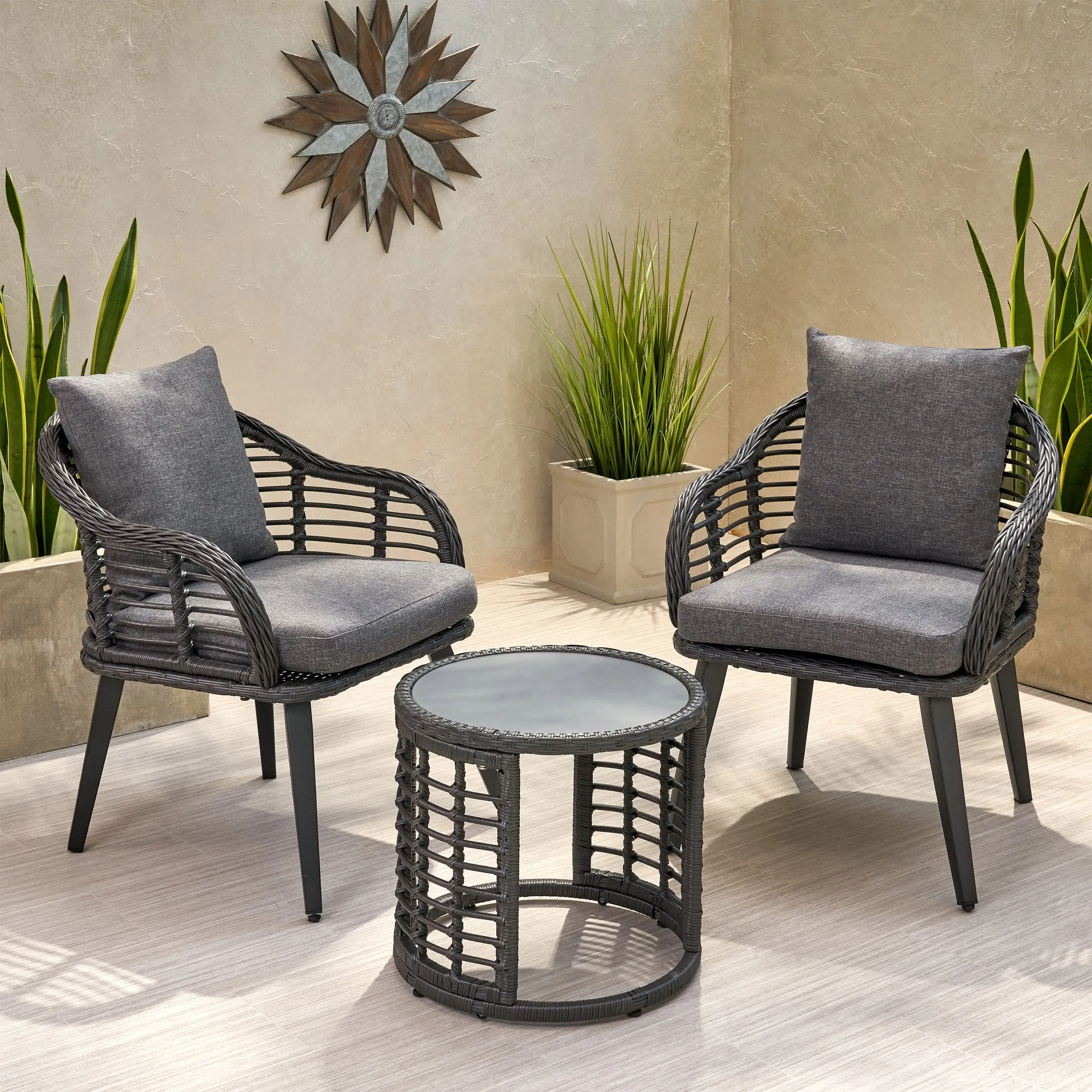 Outdoor Modern Boho 2 Seater Wicker Chat Set with Side Table - NH644013 patio chairs, outdoor seating