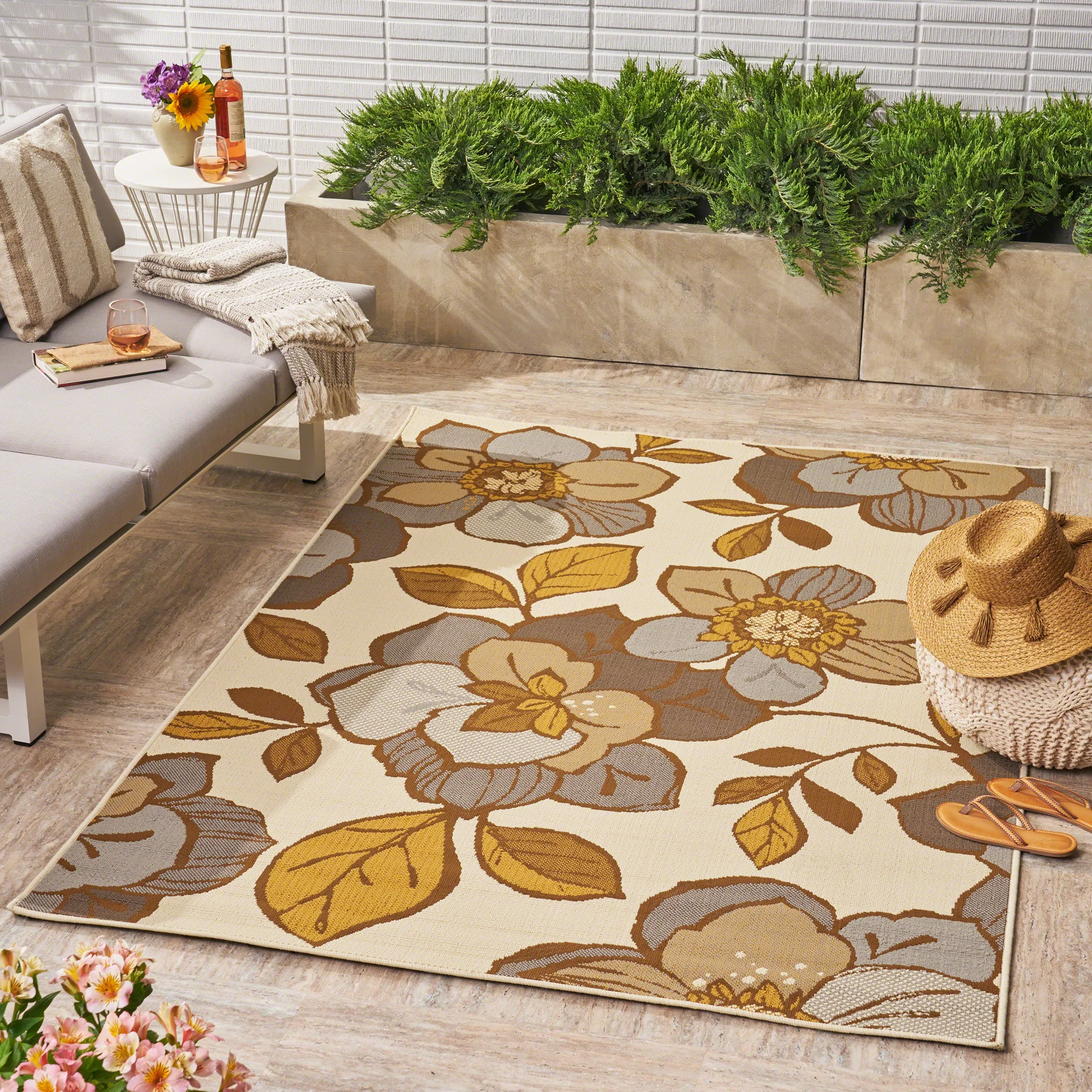 Outdoor Modern Floral Ivory and Gray Rectangular Area Rug - NH419403 patio chairs, outdoor seating