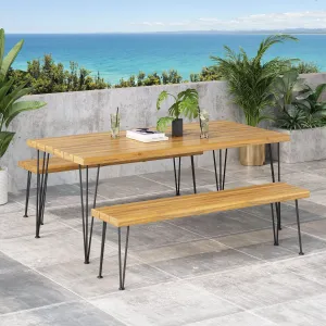 Outdoor Modern Industrial 3 Piece Acacia Wood Picnic Dining Set with Metal Hairpin Legs - NH977213 patio chairs, outdoor seating