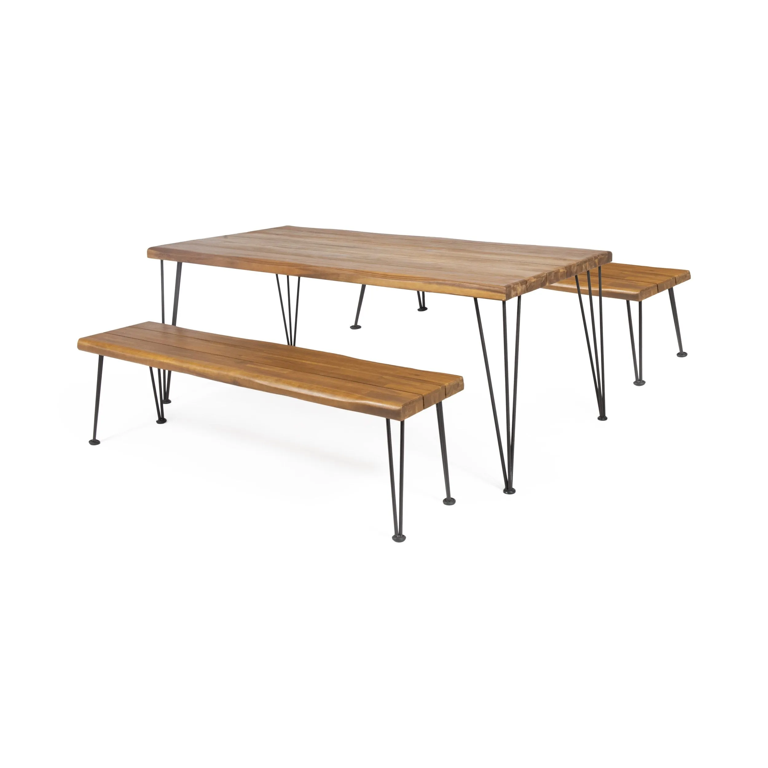 Outdoor Modern Industrial 3 Piece Acacia Wood Picnic Dining Set with Metal Hairpin Legs - NH977213