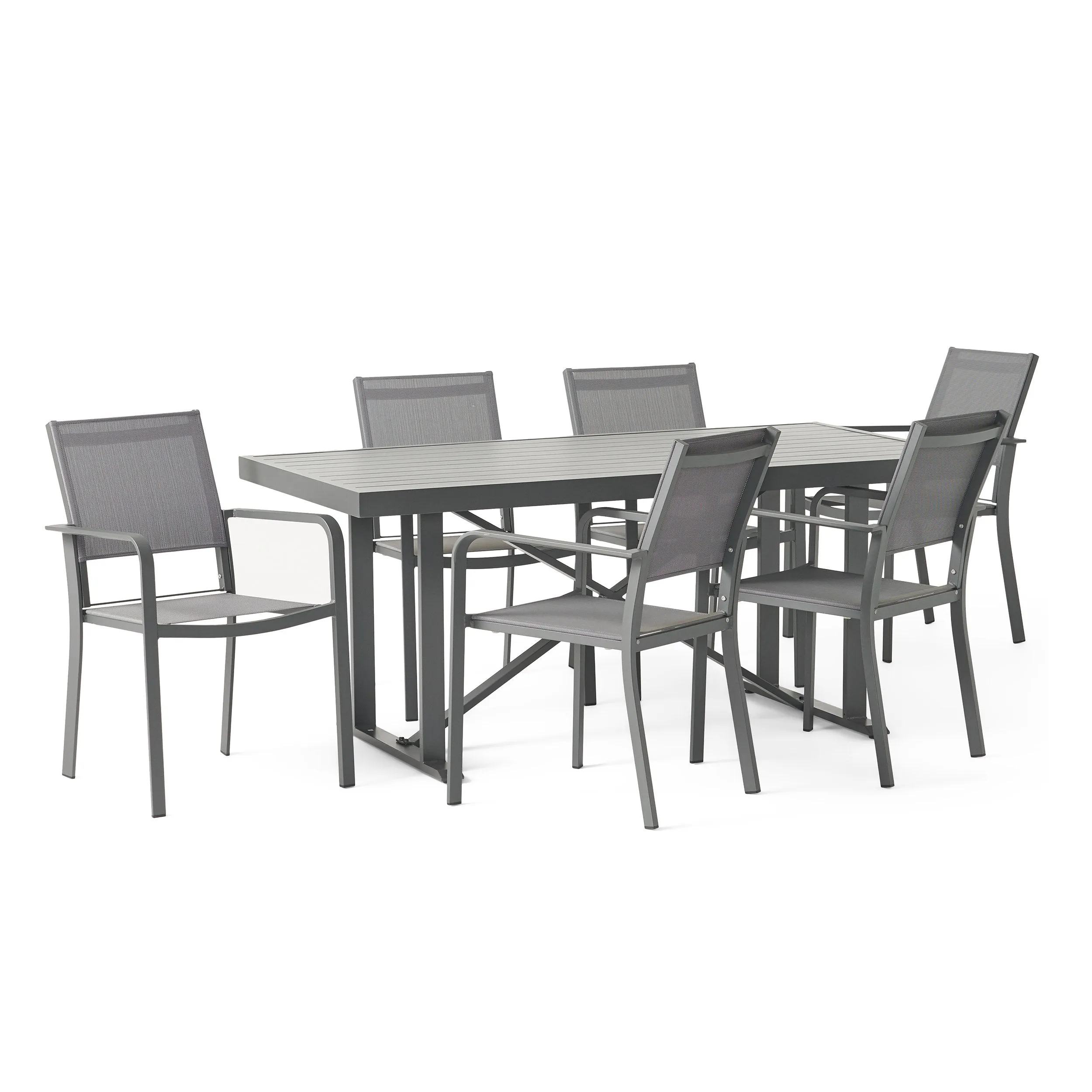 Outdoor Modern Industrial Aluminum 7 Piece Dining Set with Mesh Seating - NH405313 patio chairs, outdoor seating
