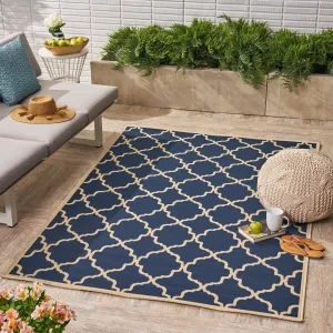 Outdoor Modern Navy Blue Area Rug with Ivory Quatrefoil Pattern - NH209403 patio chairs, outdoor seating