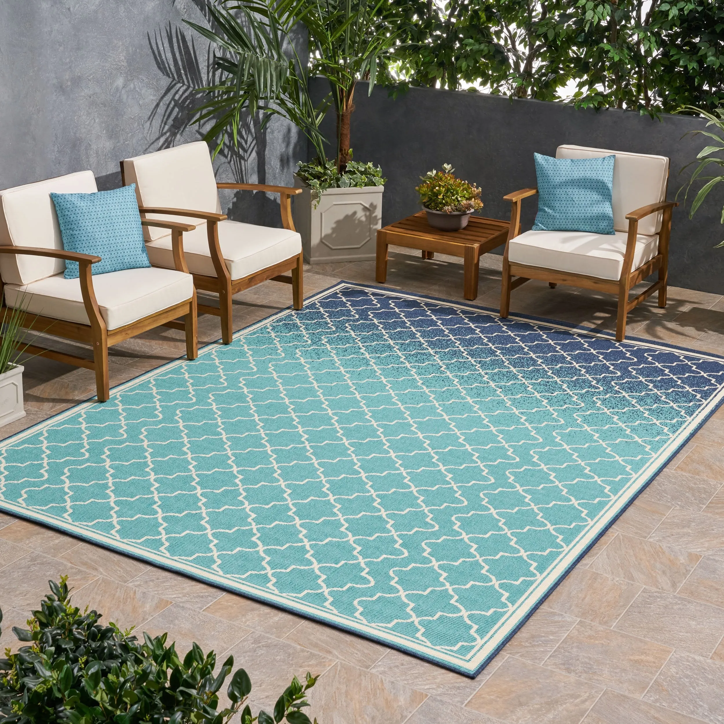 Outdoor Ombre Area Rug, Blue and Ivory - NH375803
