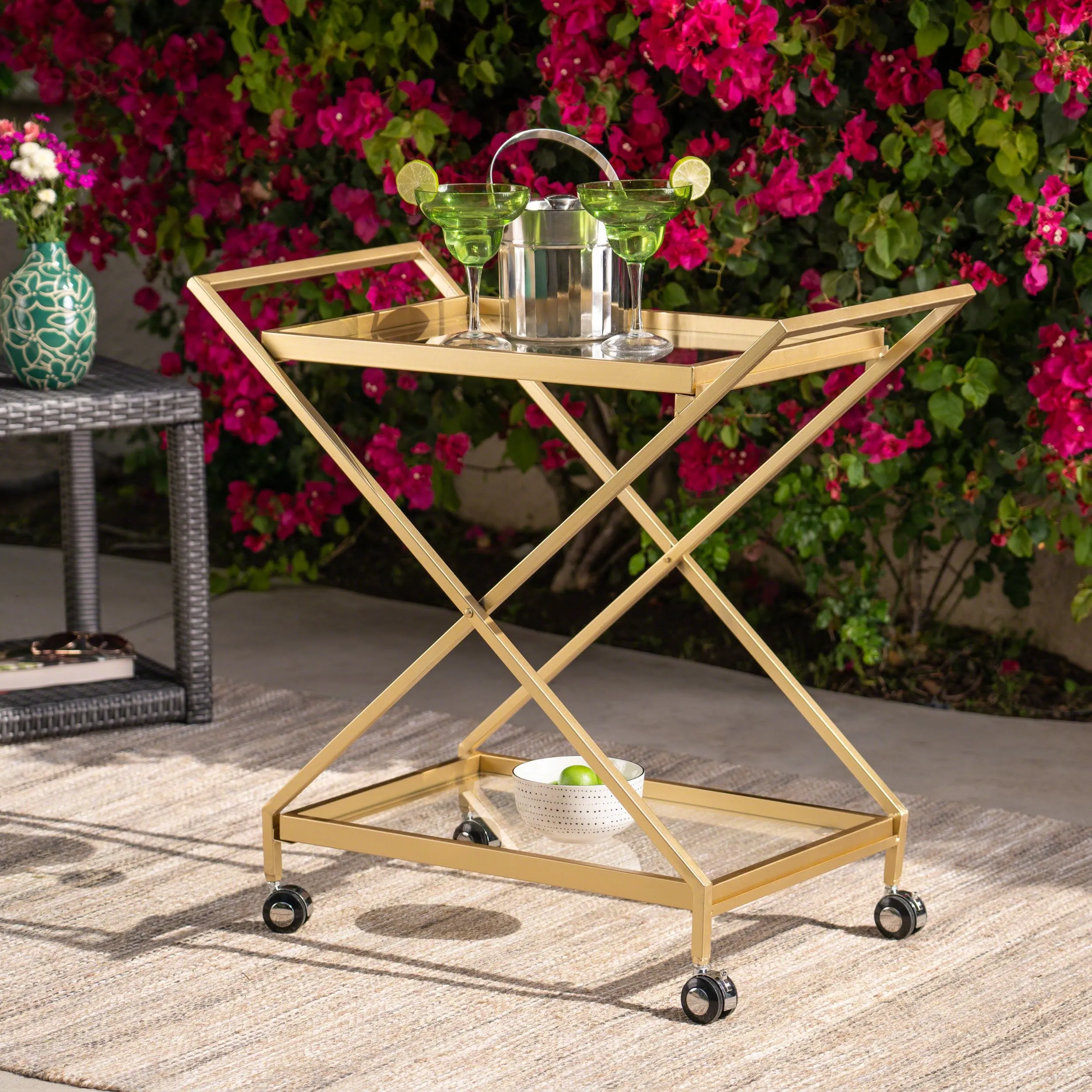 Outdoor Powder Coated Iron and Glass Bar Cart, Gold - NH364403 patio chairs, outdoor seating