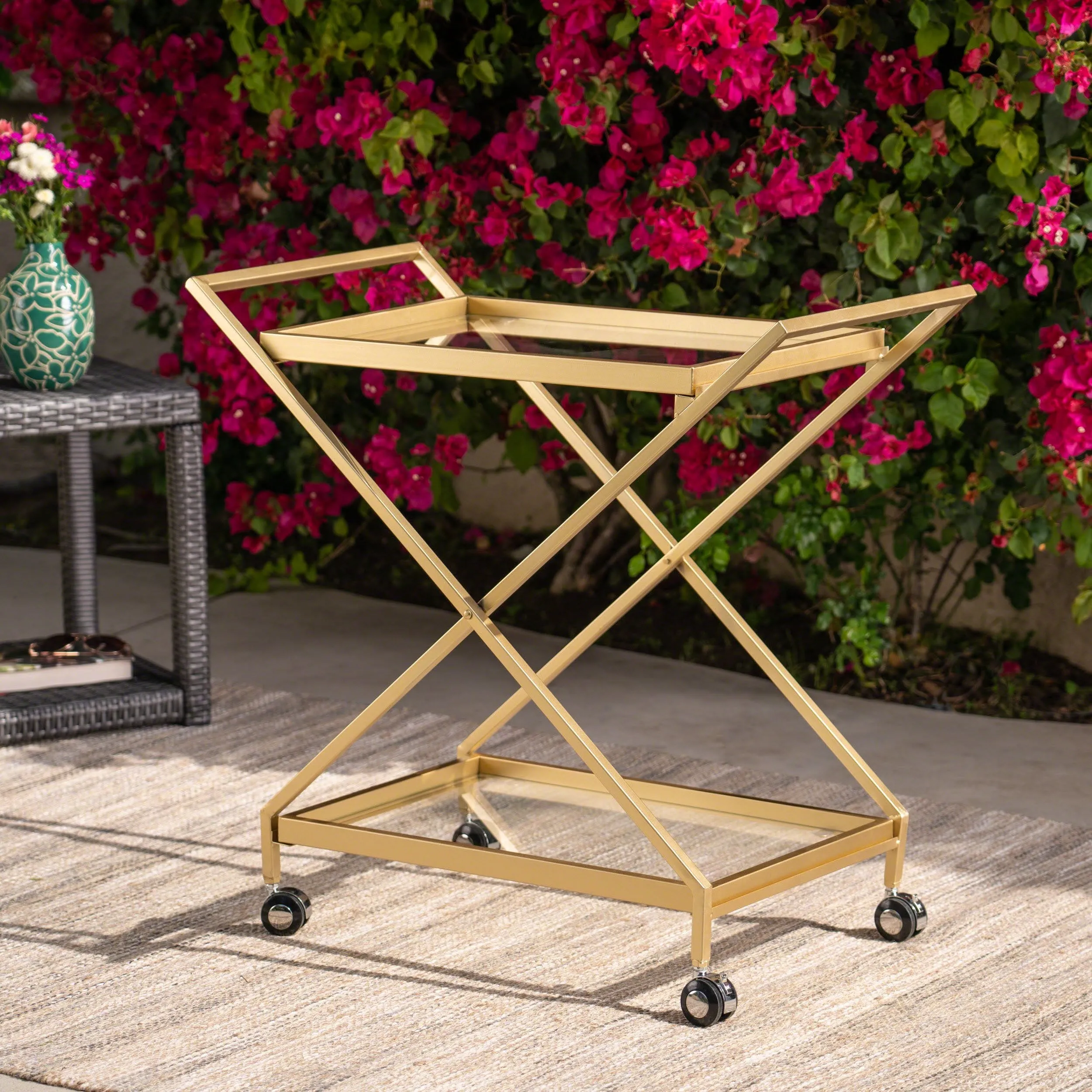 Outdoor Powder Coated Iron and Glass Bar Cart, Gold - NH364403