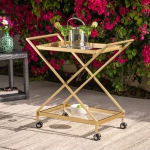 Outdoor Powder Coated Iron and Glass Bar Cart, Gold - NH364403 patio chairs, outdoor seating
