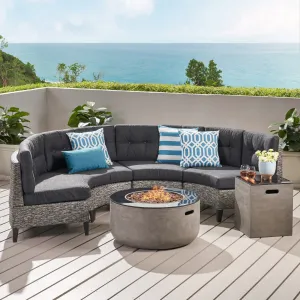 Outdoor Round 4 Seater Wicker Sectional Set with Fire Pit and Tank Holder - NH864113 patio chairs, outdoor seating