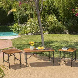 Outdoor Rustic Industrial Acacia Wood Coffee Table and Accent Table Set with Metal Frame, Teak and Black - NH031103 patio chairs, outdoor seating