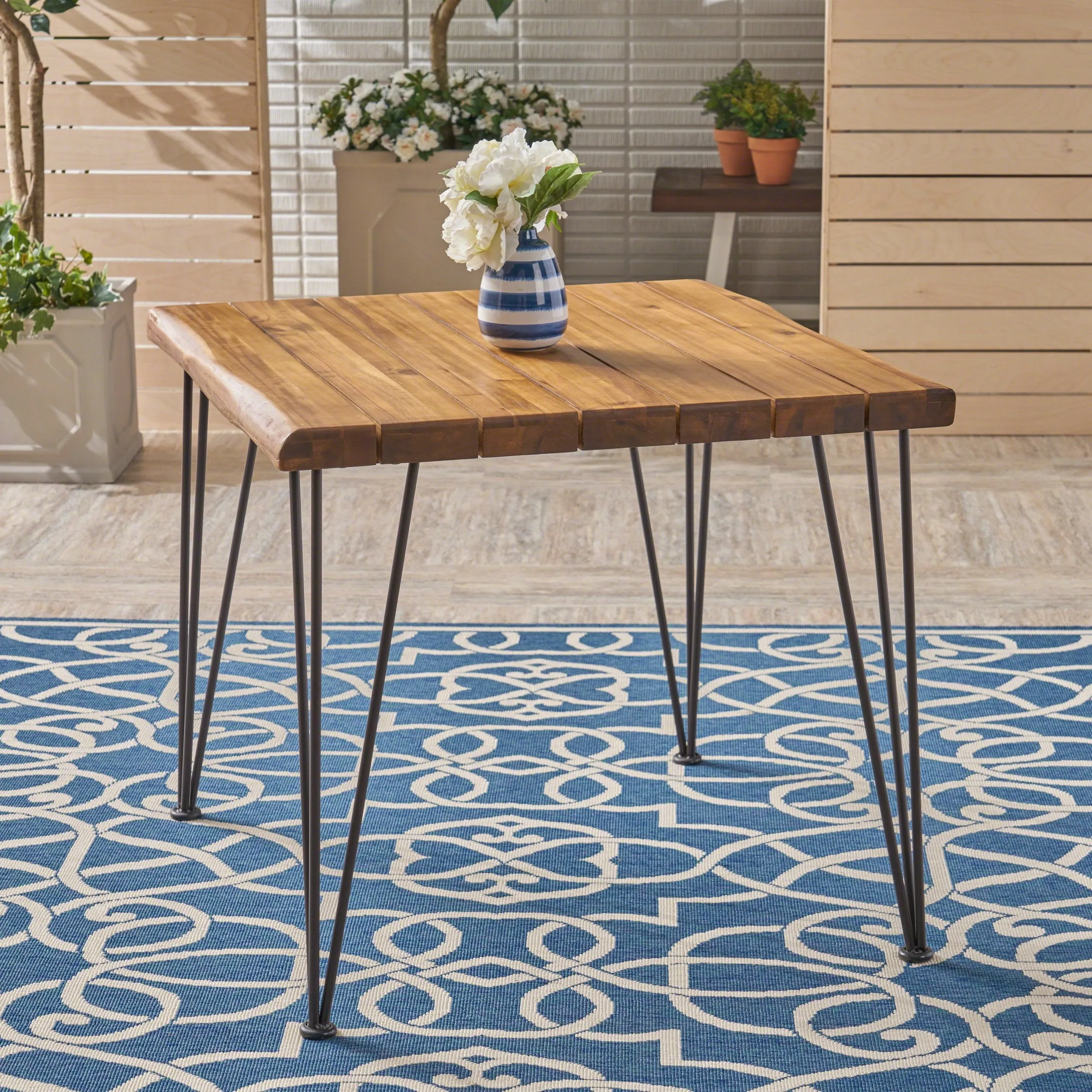 Outdoor Rustic Industrial Acacia Wood Dining Table with Metal Hairpin Legs, Teak - NH073503 patio chairs, outdoor seating