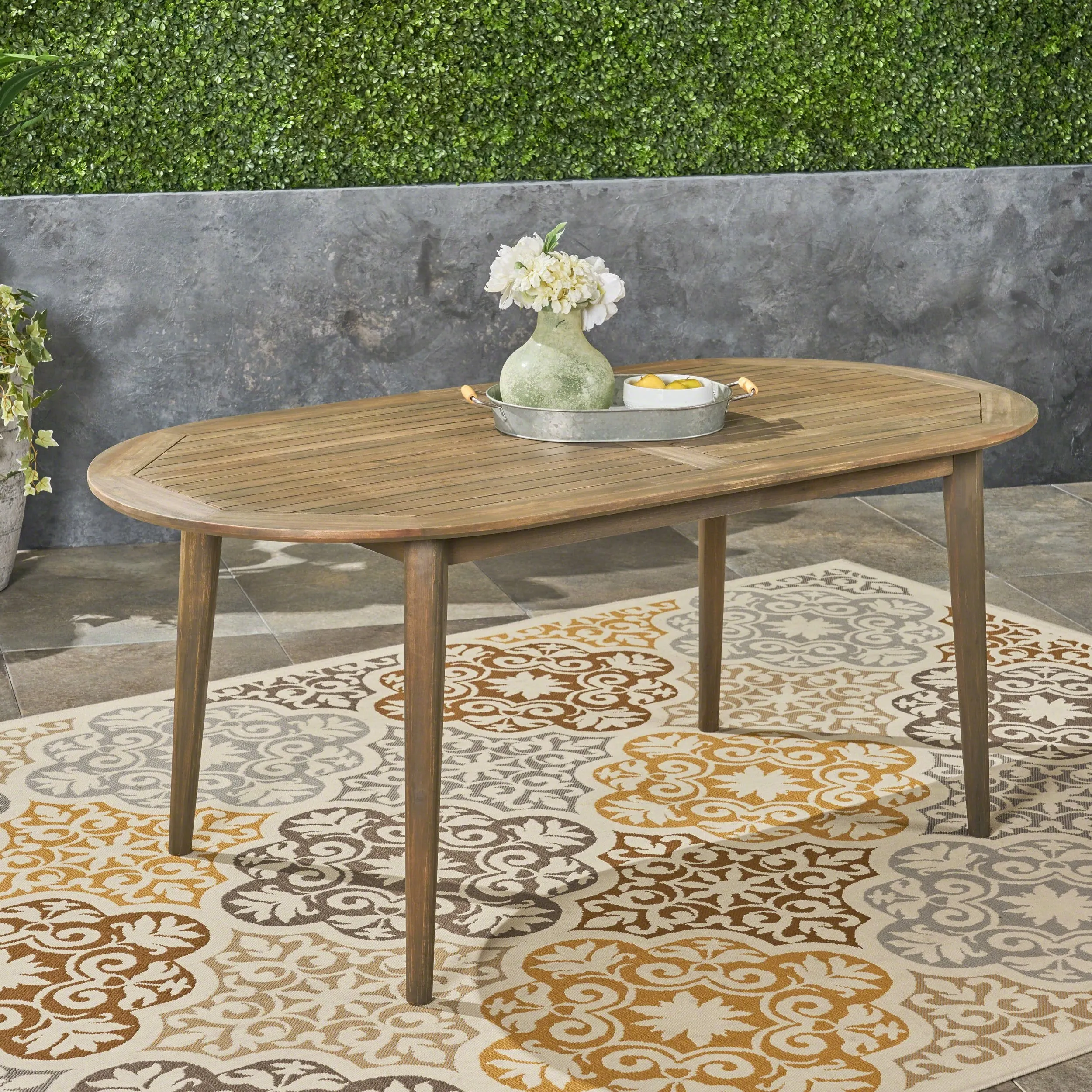Outdoor Rustic Slat-Top Acacia Wood Oval Dining Table with Tapered Legs - NH130603 patio chairs, outdoor seating