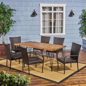 Outdoor Rustic Wood & Wicker Dining Set - NH735703 patio chairs, outdoor seating