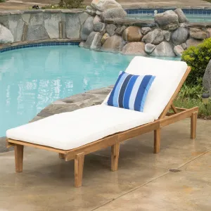 Outdoor Teak Brown Wood Chaise Lounge with Cushion - NH085692 patio chairs, outdoor seating