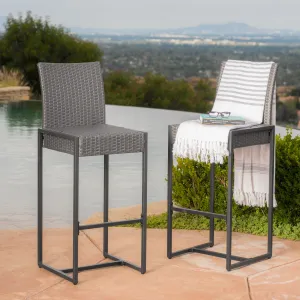 Outdoor Transitional 30-Inch Gray Wicker Barstools with Metal Frame - NH726003 patio chairs, outdoor seating