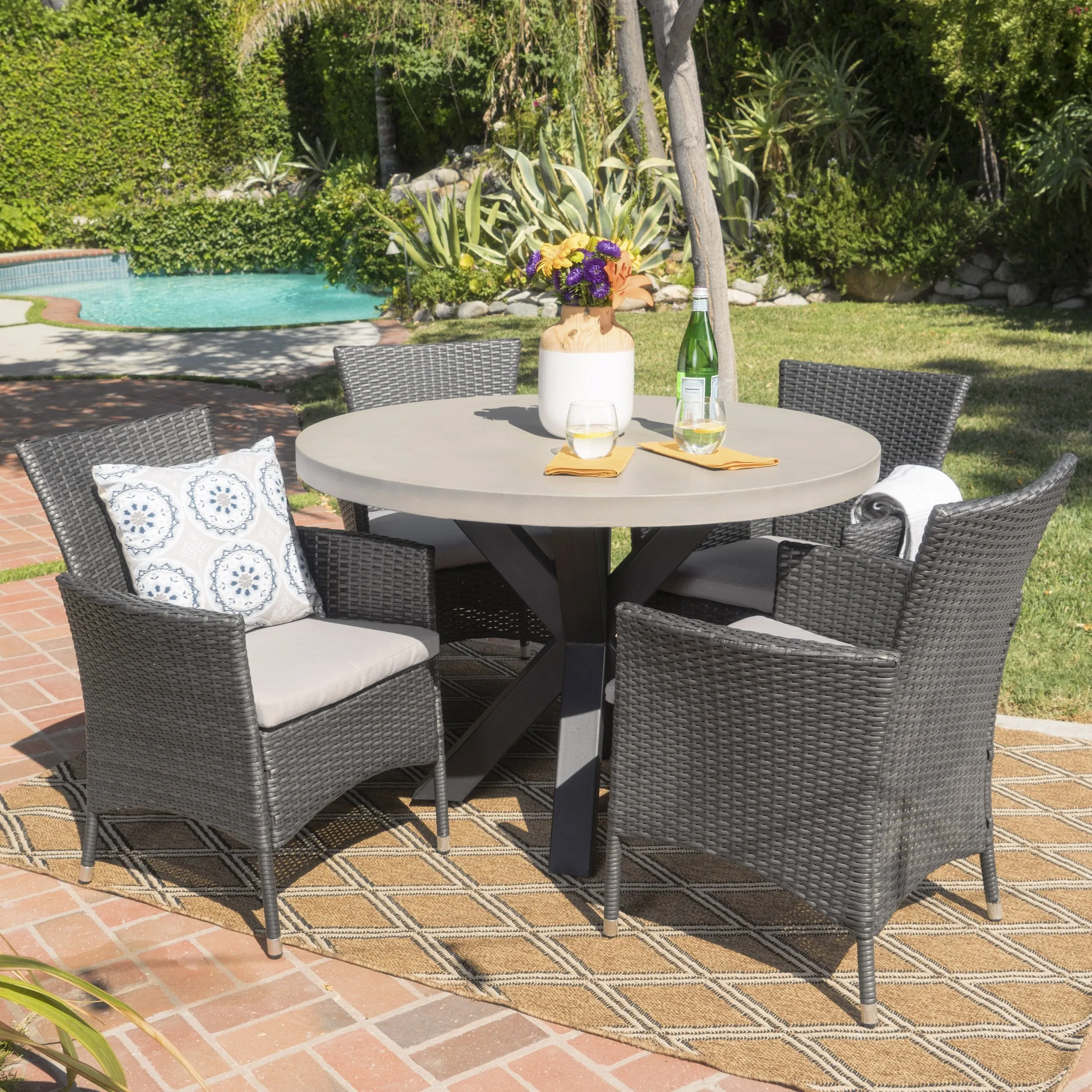Outdoor Transitional 5 Piece Wicker Dining Set with Lightweight Concrete Table - NH783103 patio chairs, outdoor seating