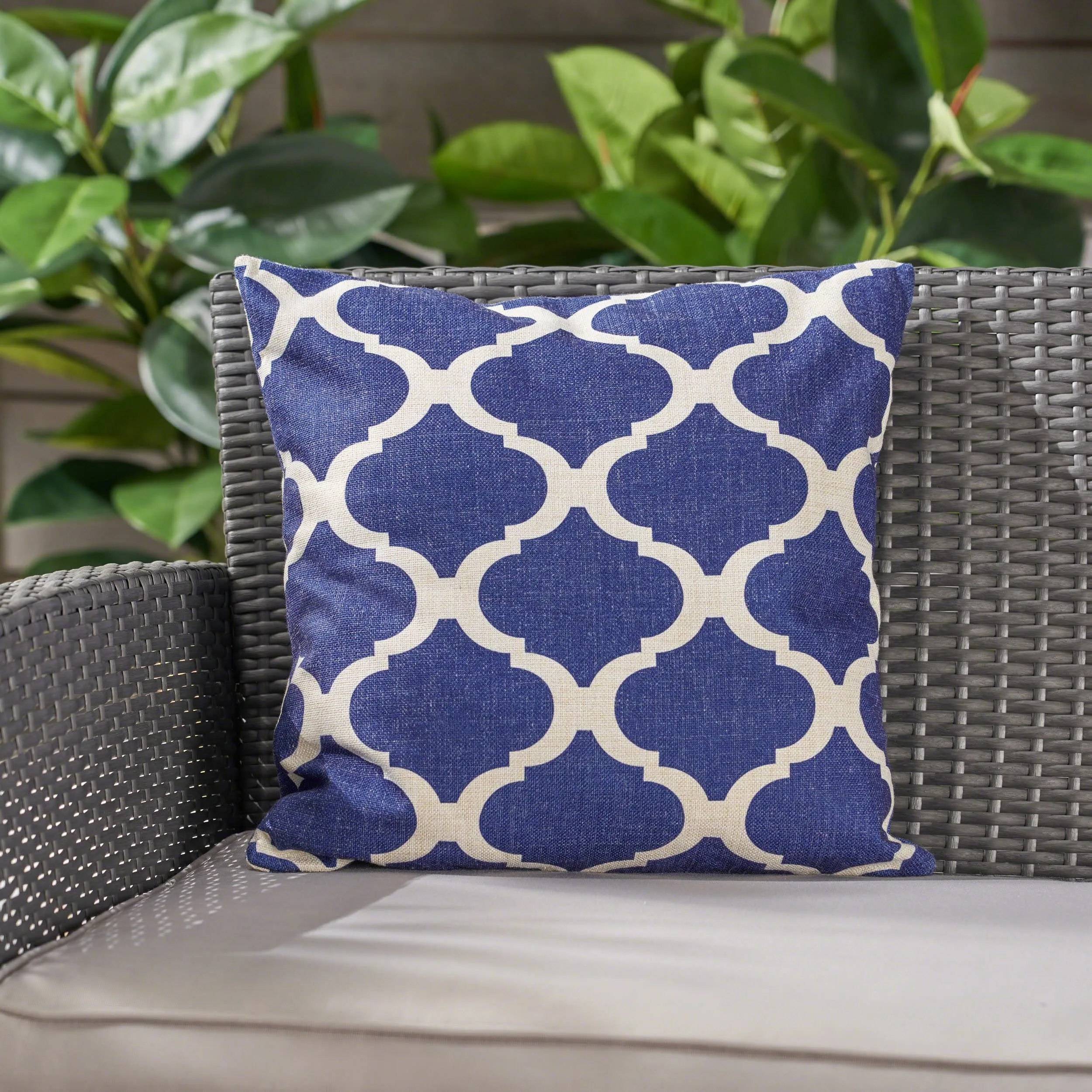 Outdoor Water Resistant 18-inch Square Pillow, Beige on Blue - NH397503 patio chairs, outdoor seating