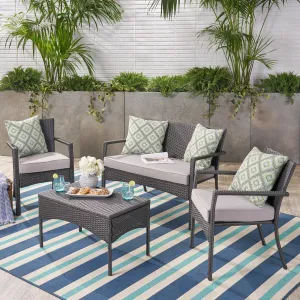 Outdoor Wicker 4 Seater Chat Set, Grey with Silver Cushions - NH358403 patio chairs, outdoor seating