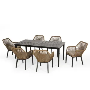 Outdoor Wicker 7 Piece Dining Set with Cushion, Matte Black, Light Brown, and Beige - NH081513 patio chairs, outdoor seating