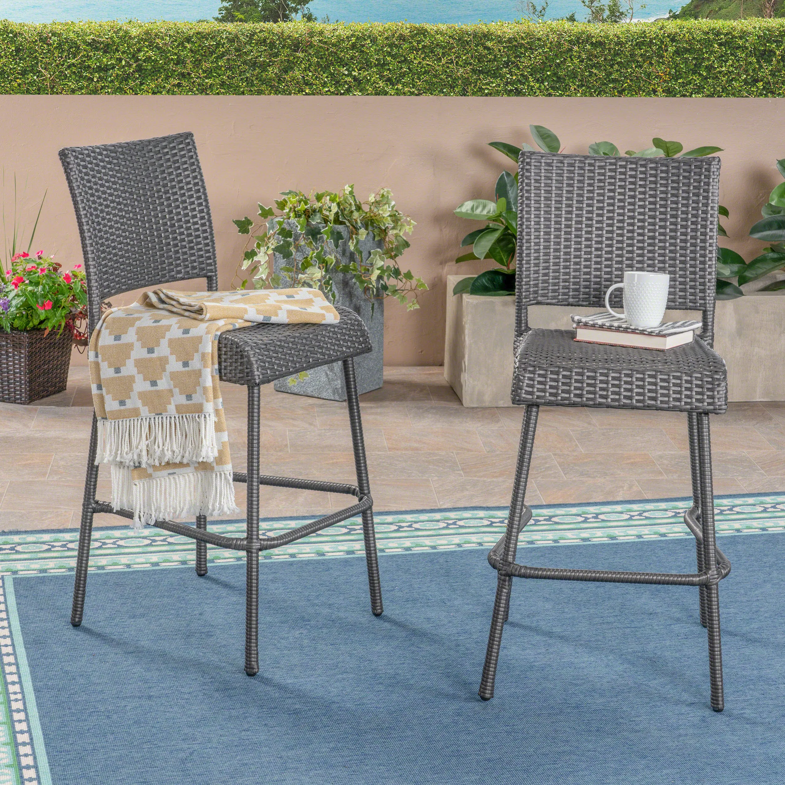 Outdoor Wicker Barstool, Gray (Set of 2) - NH218503 patio chairs, outdoor seating