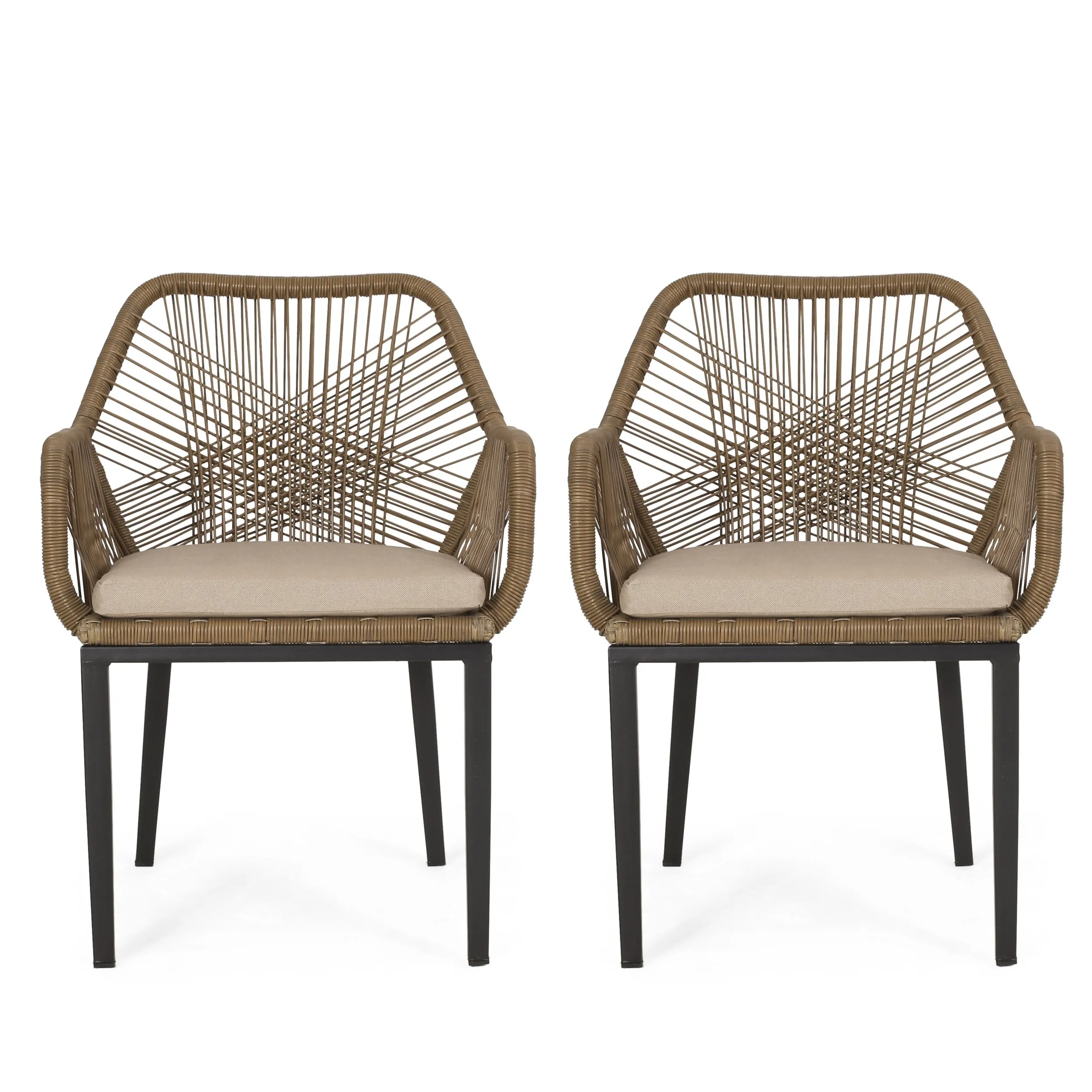 Outdoor Wicker Dining Chair with Cushion, Set of 2, Light Brown and Beige - NH971513 patio chairs, outdoor seating