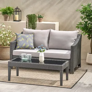 Outdoor Wicker Loveseat & Table w/Water Resistant Fabric Cushions - NH198992 patio chairs, outdoor seating