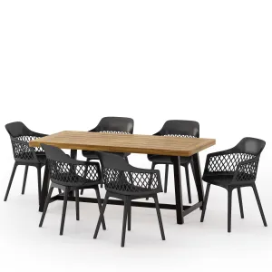 Outdoor Wood and Resin 7 Piece Dining Set, Black and Sandblasted Teak - NH040513 patio chairs, outdoor seating