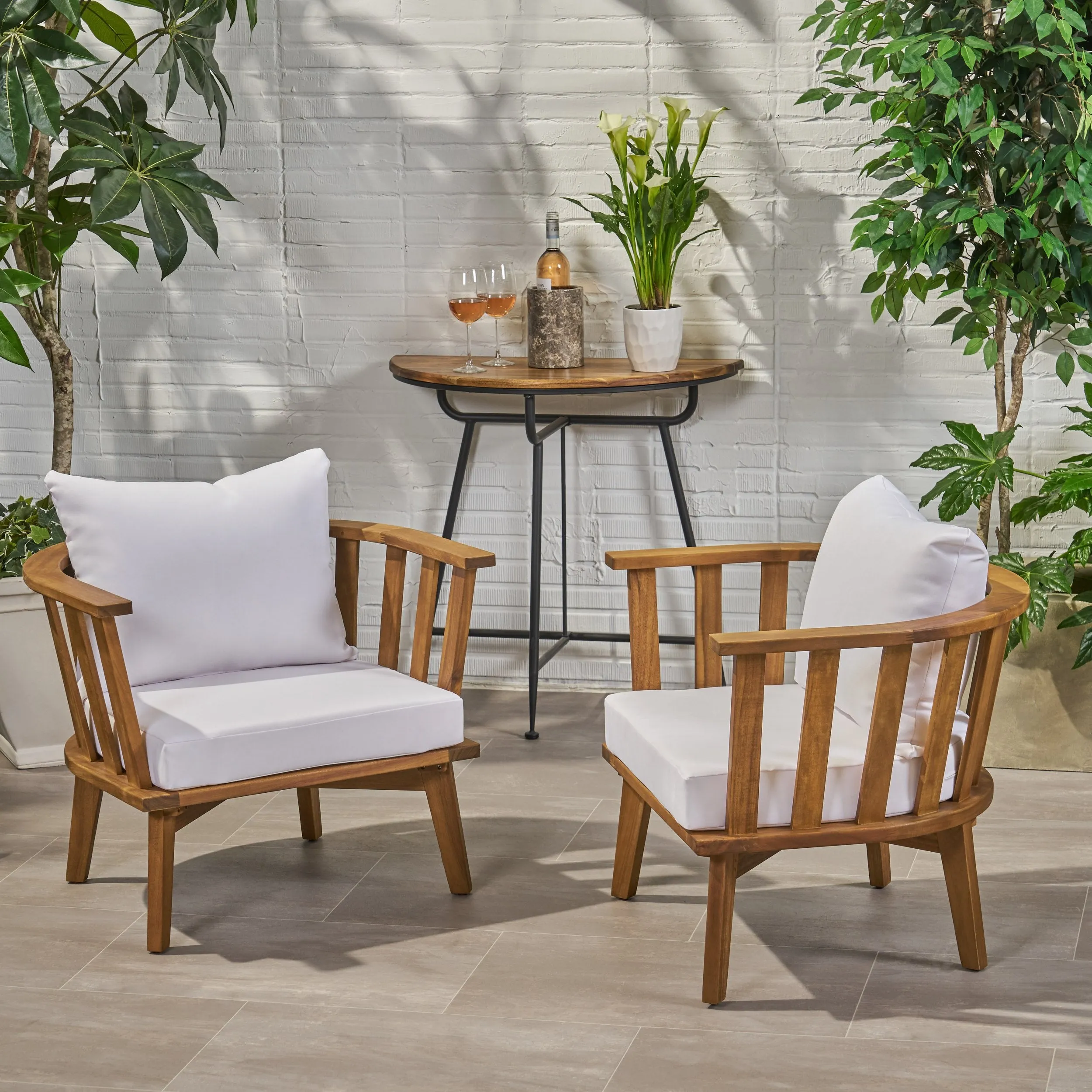 Outdoor Wooden Club Chair with Cushions (Set of 2), White and Teak Finish - NH421903 patio chairs, outdoor seating