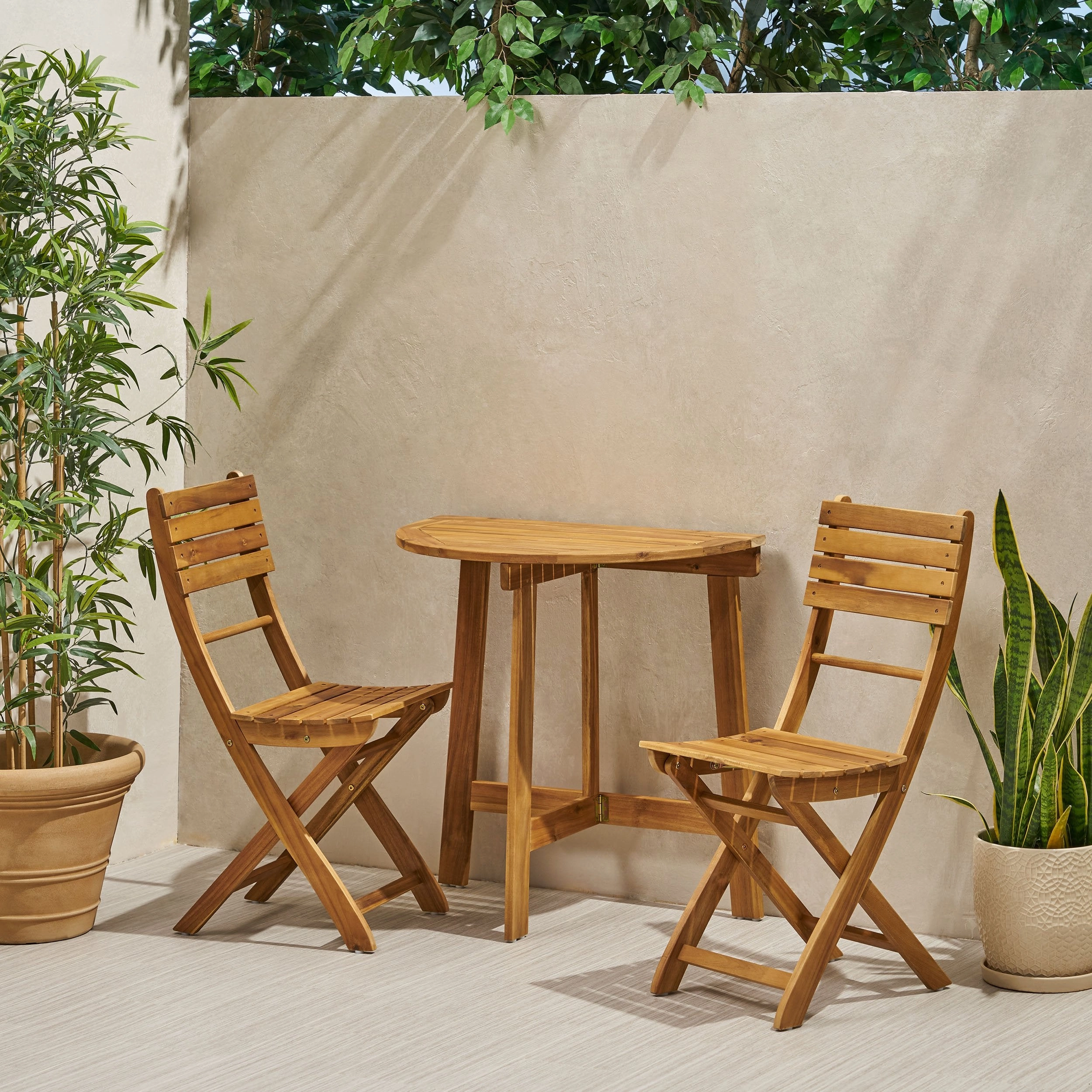 Outdoor 2 Seater Half-Round Acacia Wood Bistro Table Set with Folding Chairs - NH818903 patio chairs, outdoor seating
