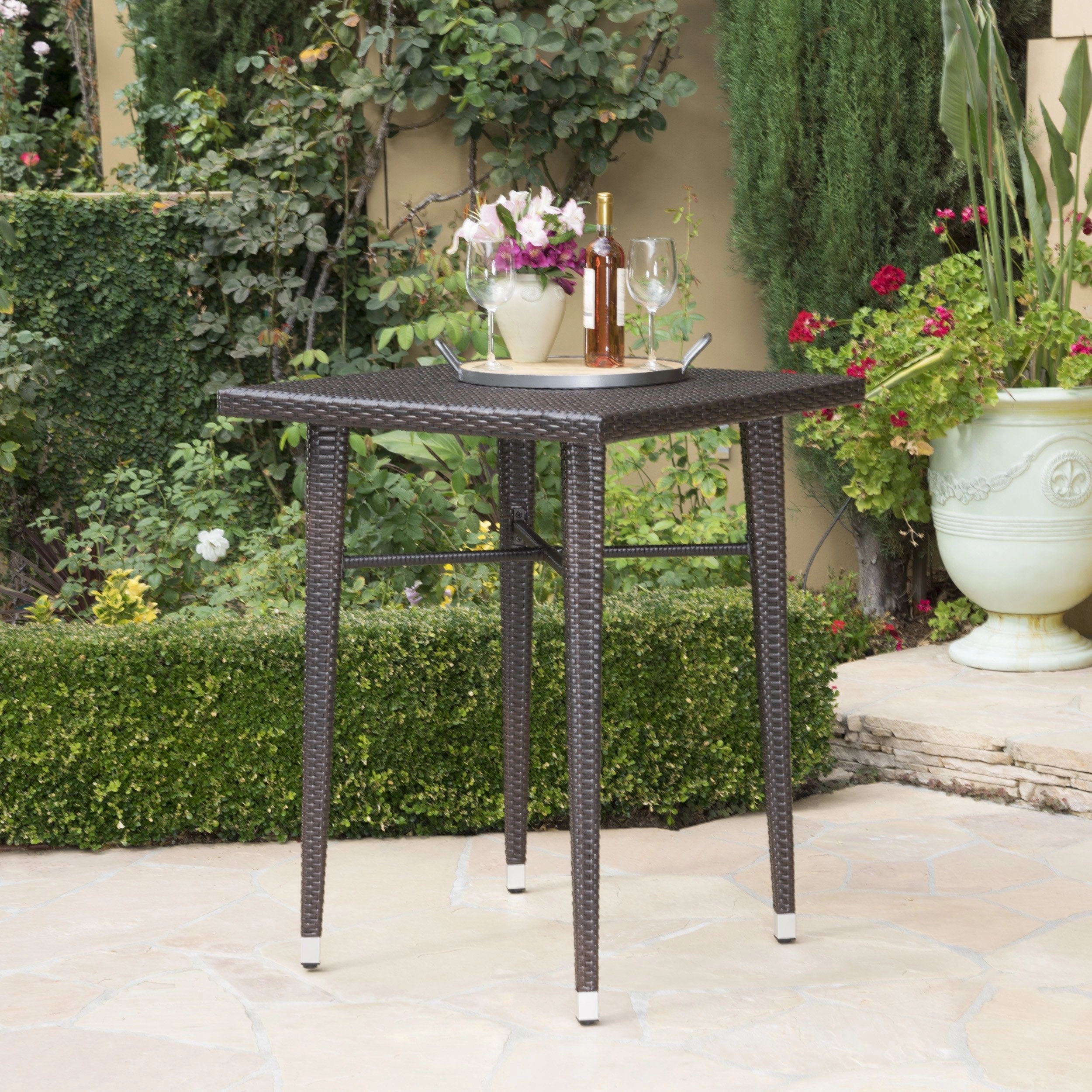 Outdoor 32.5 Inch Square Multi-brown Wicker Bar Table - NH903203 patio chairs, outdoor seating