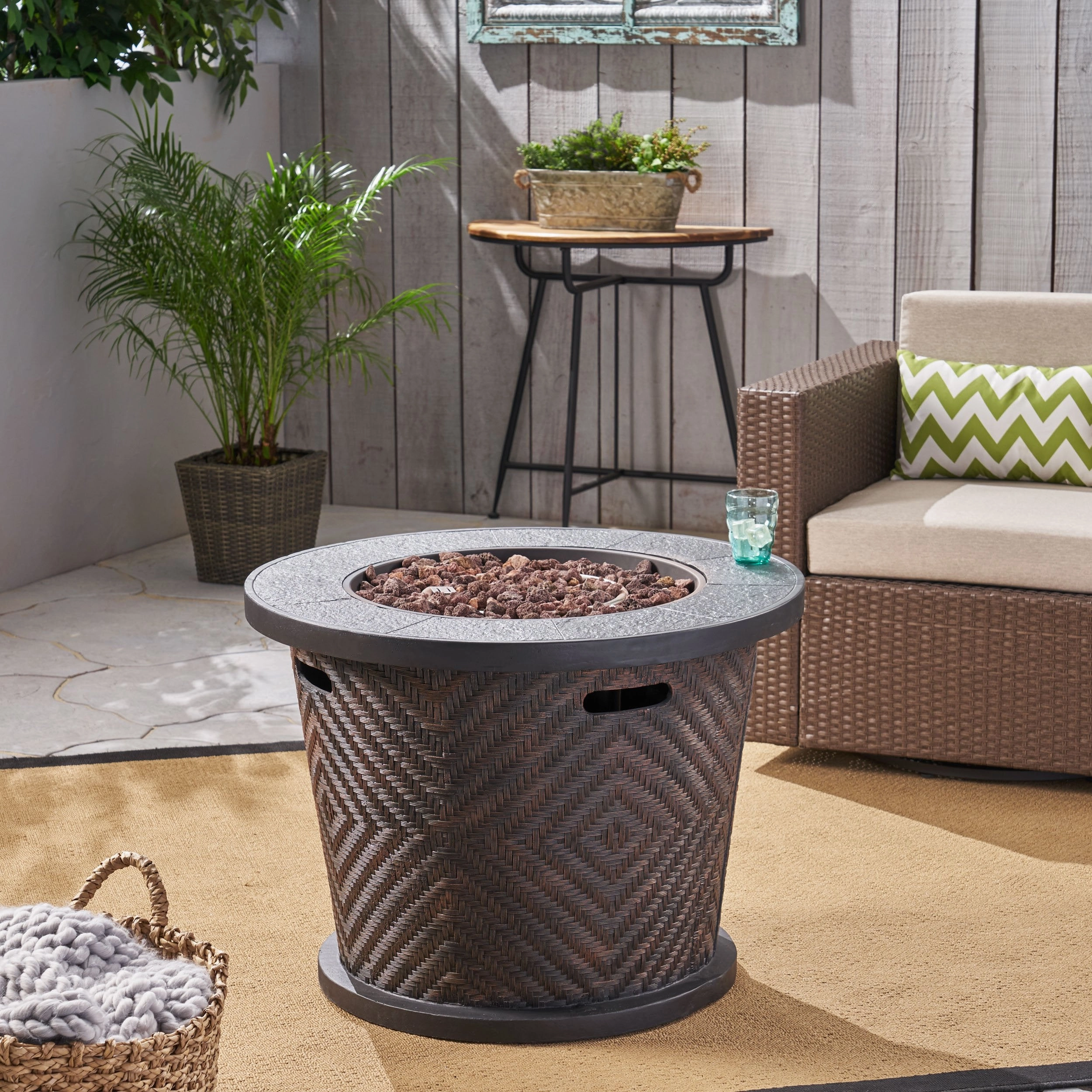 Outdoor 32" Circular Light Weight Concrete Fire Pit - 40,000 BTU, Brown - NH477703 patio chairs, outdoor seating