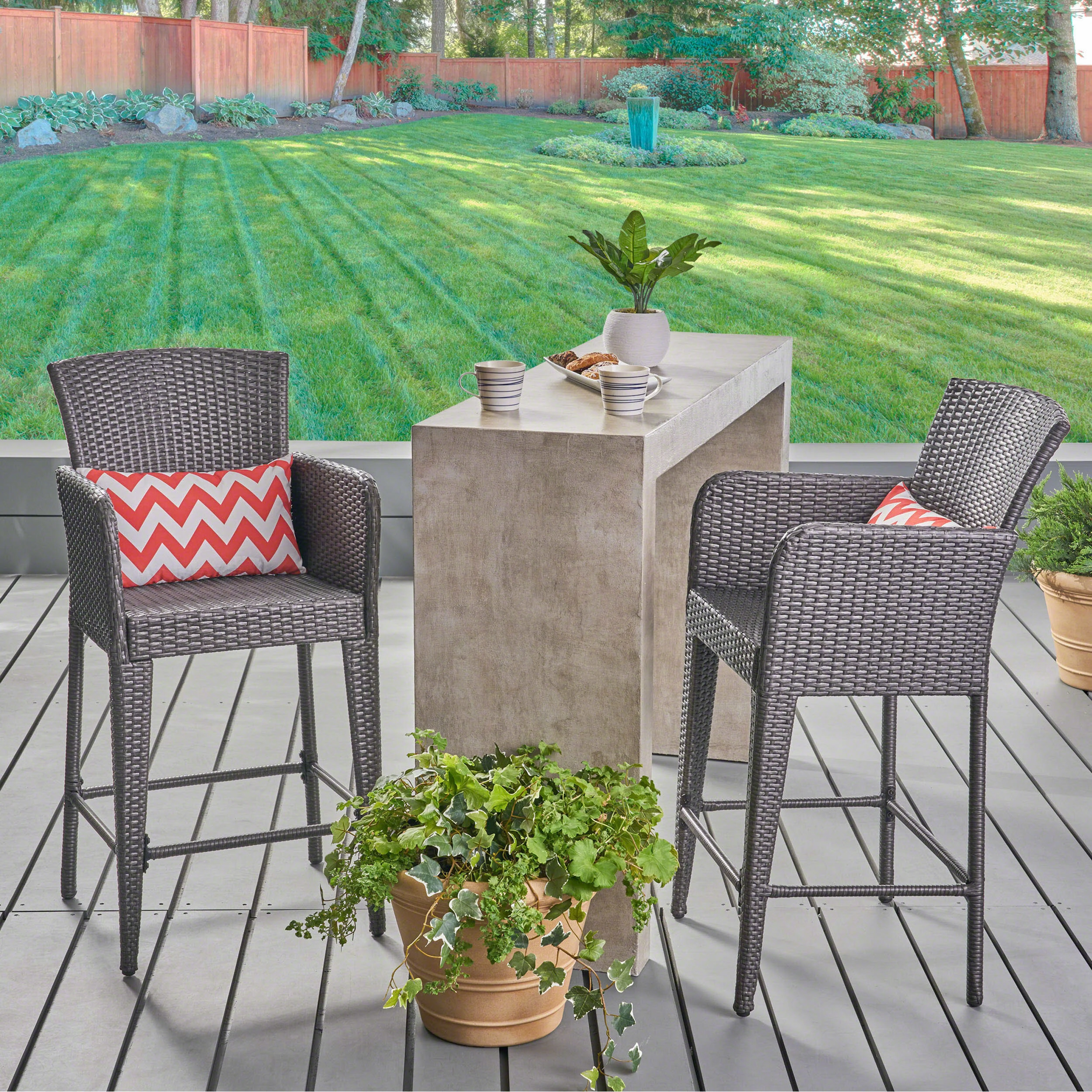 Outdoor 38-Inch Gray Wicker Barstool (set of 2) - NH874403 patio chairs, outdoor seating