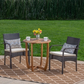 Outdoor 3 Piece Acacia Wood/ Wicker Bistro Set with Cushions, Teak Finish and Multibrown with Crme - NH203403 patio chairs, outdoor seating