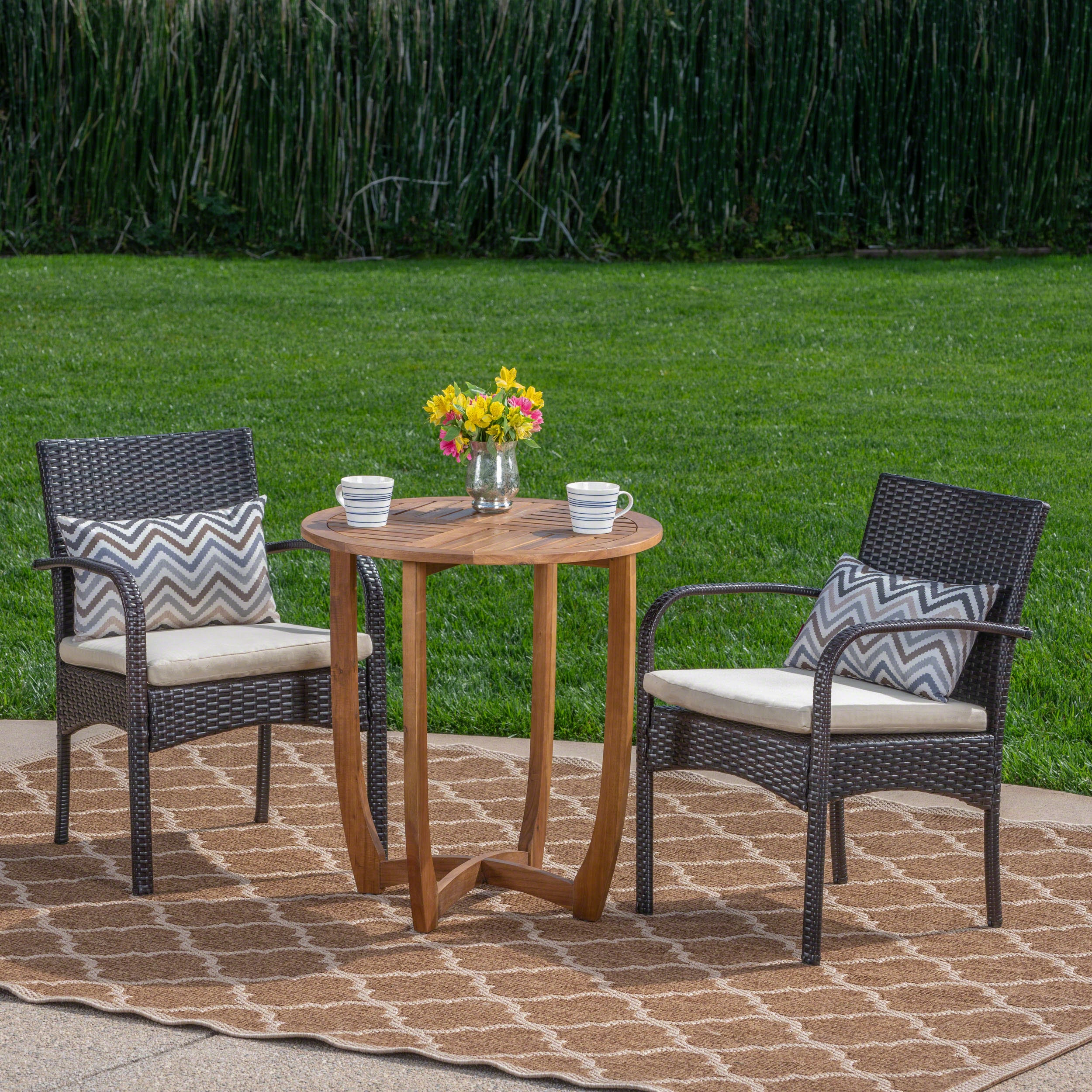 Outdoor 3 Piece Acacia Wood/ Wicker Bistro Set with Cushions, Teak Finish and Multibrown with Crme - NH203403 patio chairs, outdoor seating