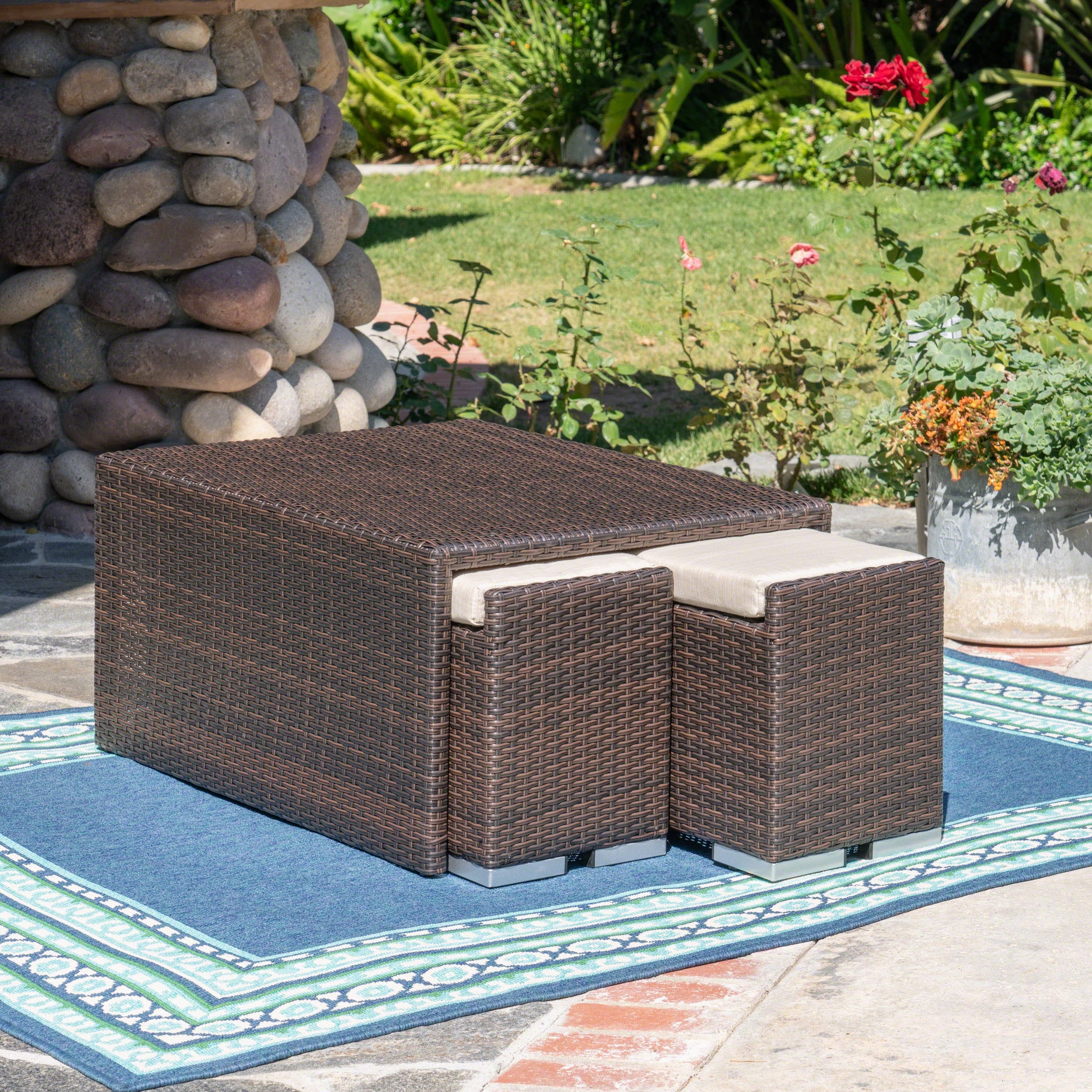Outdoor 3 Piece Aluminum Framed Coffee Table and Ottoman Set - NH399403