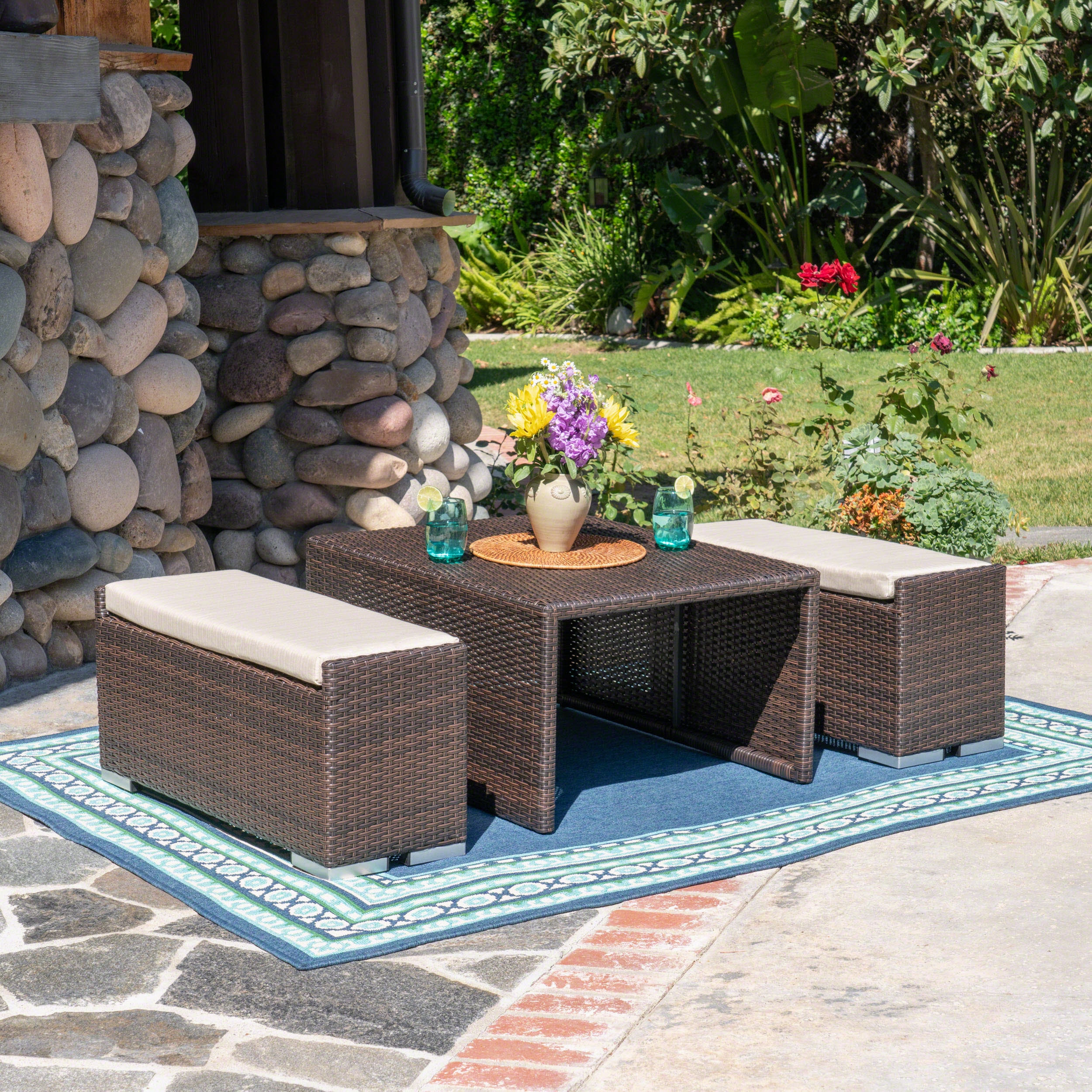 Outdoor 3 Piece Aluminum Framed Coffee Table and Ottoman Set - NH399403 patio chairs, outdoor seating