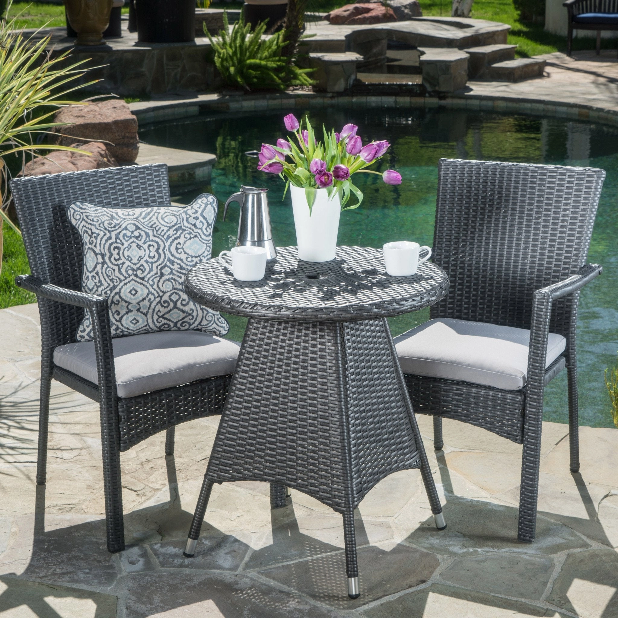 Outdoor 3 Piece Grey Wicker Dining Set with Cushions - NH002003 patio chairs, outdoor seating