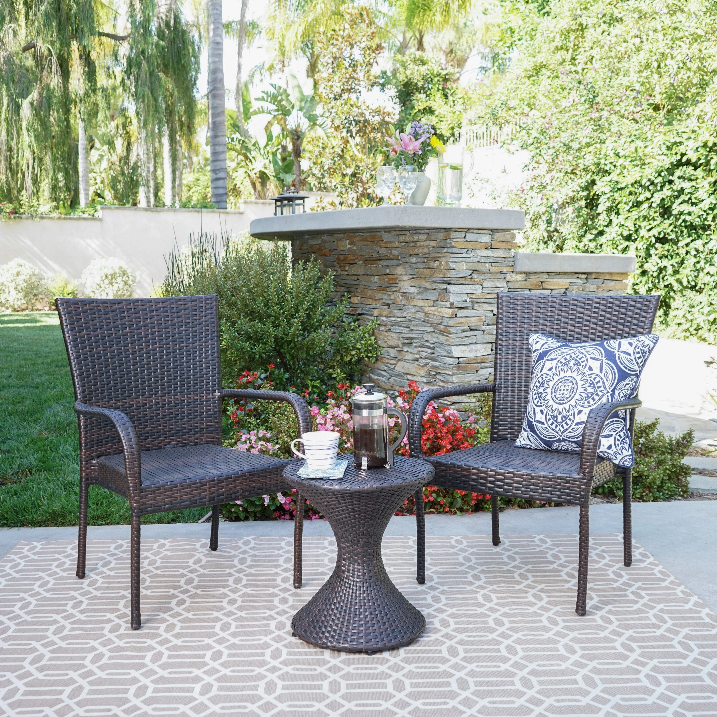 Outdoor 3 Piece Multi-Brown Wicker Chat Set with Stacking Chairs - NH384103 patio chairs, outdoor seating