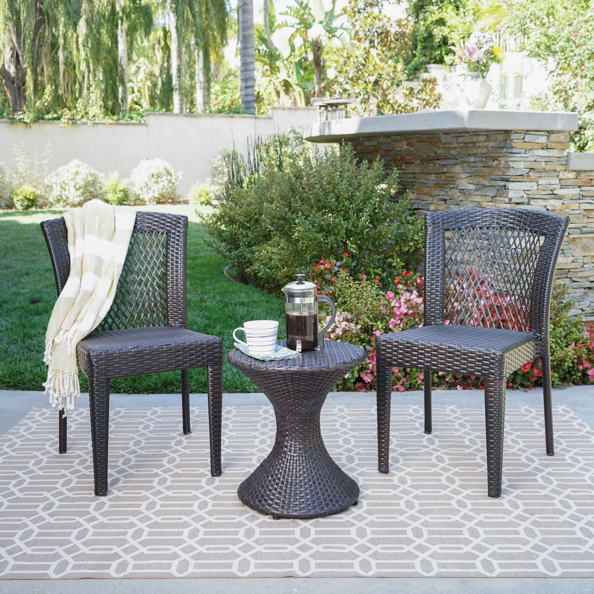Outdoor 3 Piece Multi-Brown Wicker Chat Set with Stacking Chairs - NH584103 patio chairs, outdoor seating