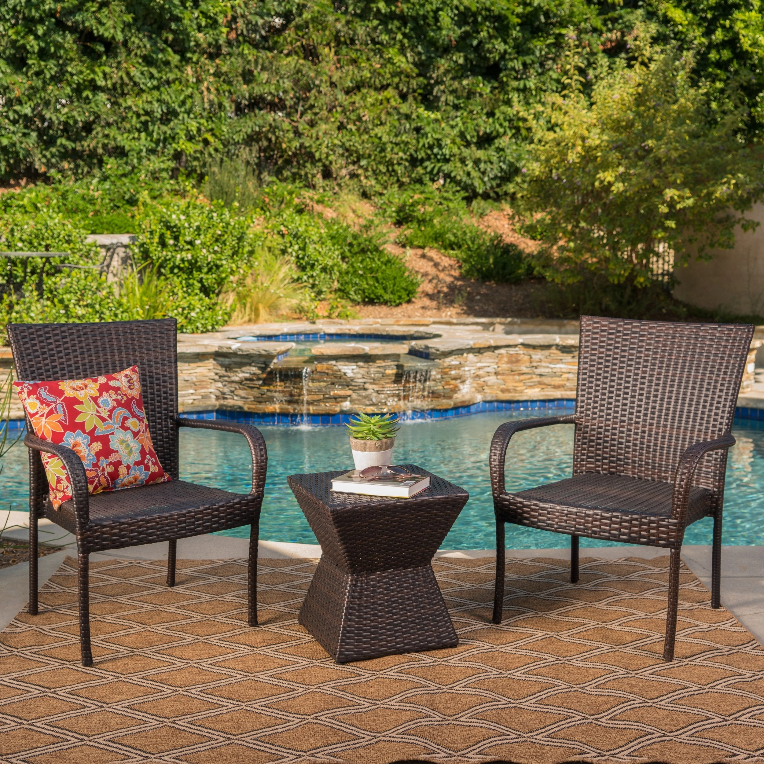 Outdoor 3 Piece Multi-Brown Wicker Chat Set with Stacking Chairs - NH674103 patio chairs, outdoor seating