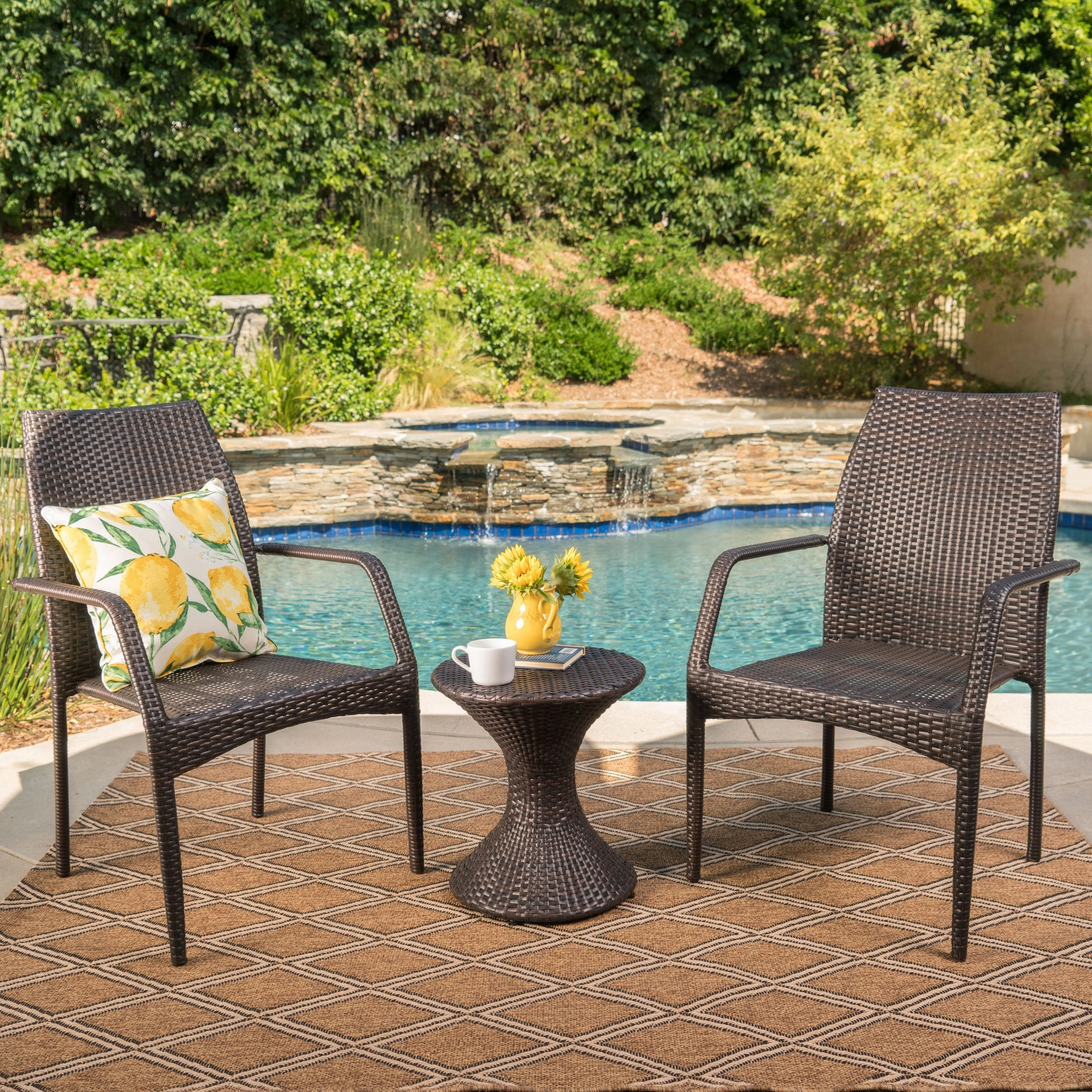 Outdoor 3 Piece Multi-Brown Wicker Chat Set with Stacking Chairs - NH684103 patio chairs, outdoor seating