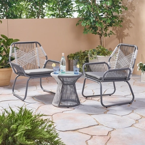 Outdoor 3 Piece Rope and Steel Chat Set, Gray Finish and White - NH932503 patio chairs, outdoor seating