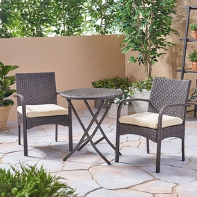 Outdoor 3 Piece Wicker Bistro Set, Multi Brown with Cream Cushion - NH299403 patio chairs, outdoor seating