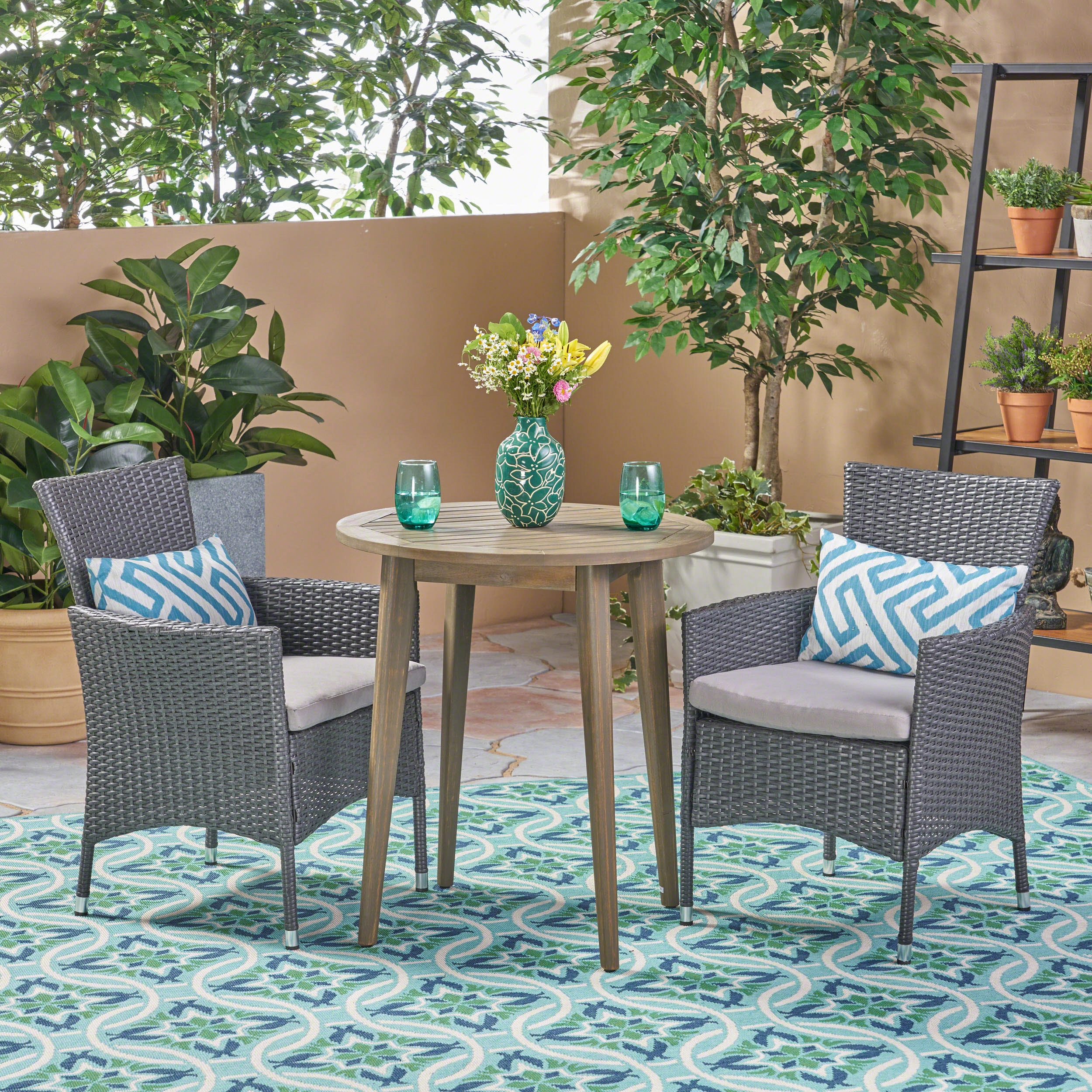 Outdoor 3 Piece Wood  and Wicker Bistro Set - NH972503