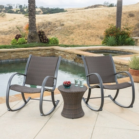 Outdoor 3pc Dark Brown Wicker Rocking Chair Chat Set (Hourglass Table) - NH008592 patio chairs, outdoor seating
