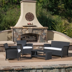 Outdoor 4 Piece Black Wicker Chat Set with White Water Resistant Cushions - NH692303 patio chairs, outdoor seating